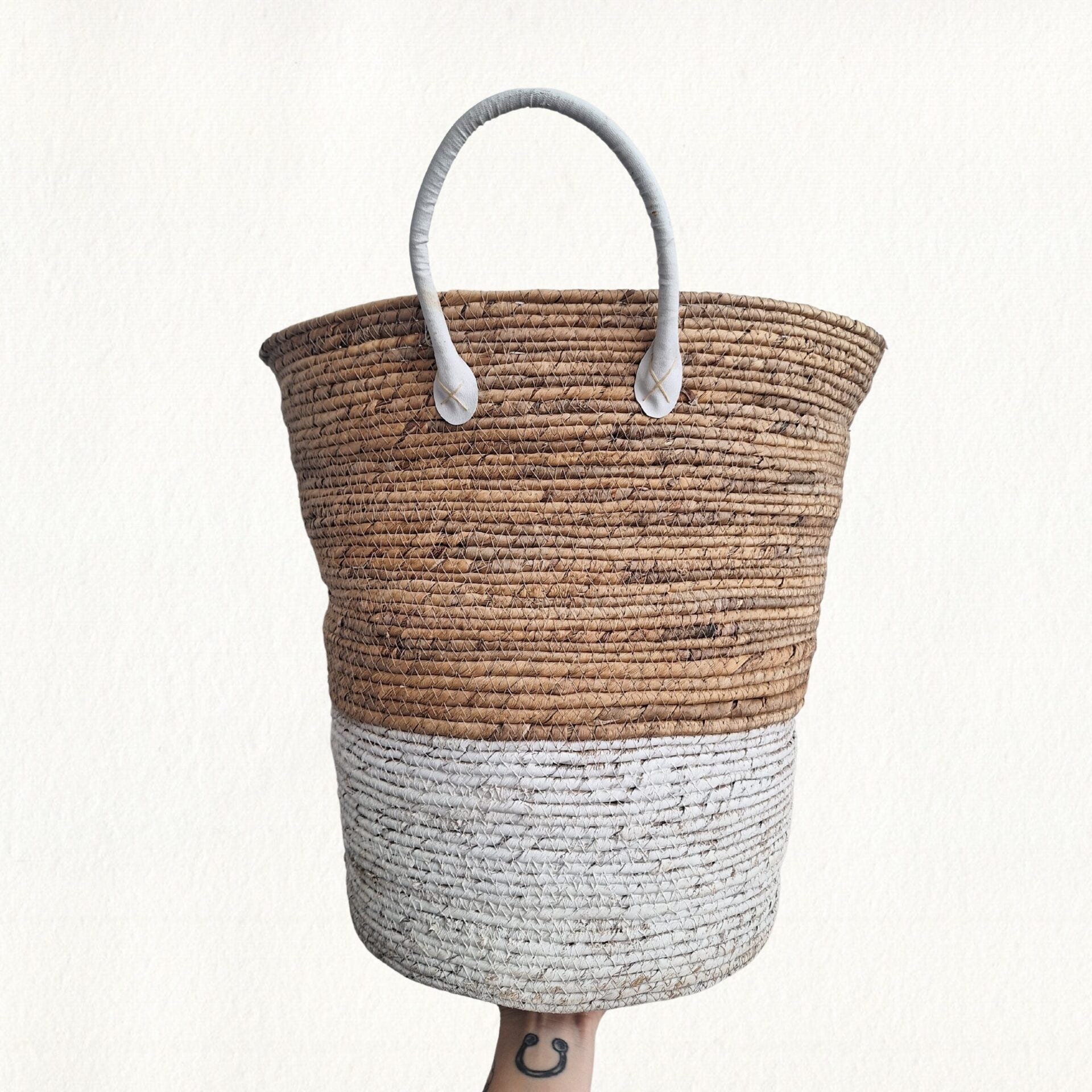 Woven Basket with White Leather Handle Small