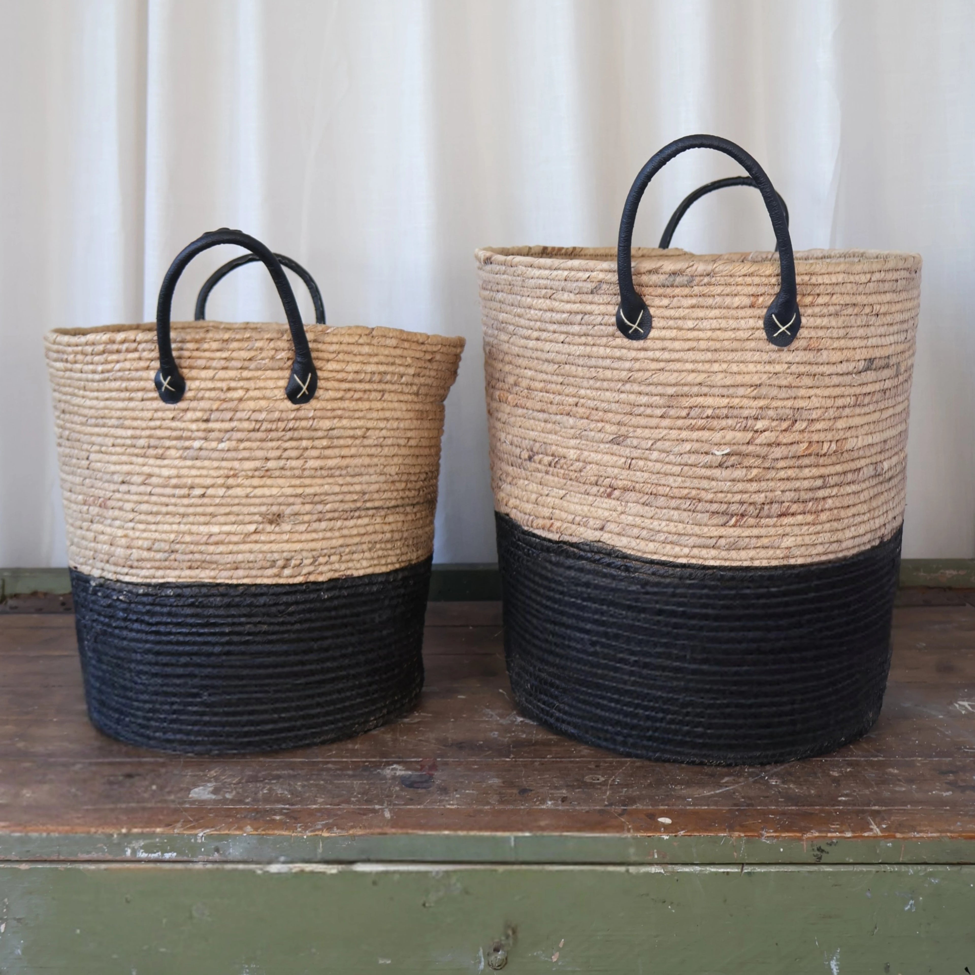 Woven Basket with Black Leather Handle Medium Medium 350mm