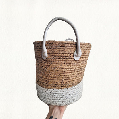 Woven Basket with White Leather Handle Small