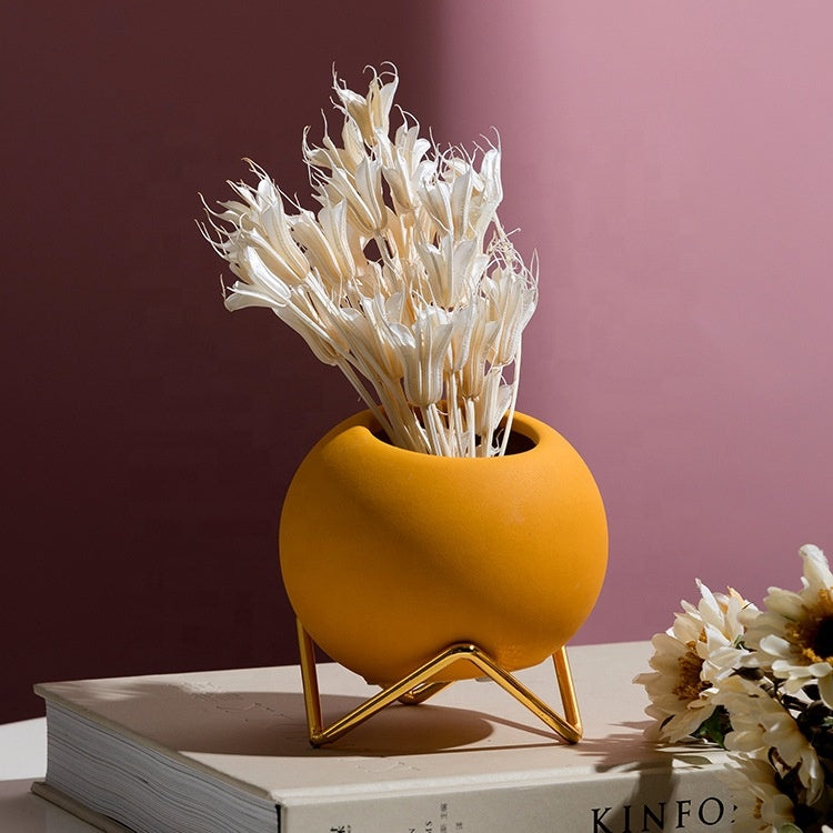 Retro Plant Pot with Stand Yellow Small