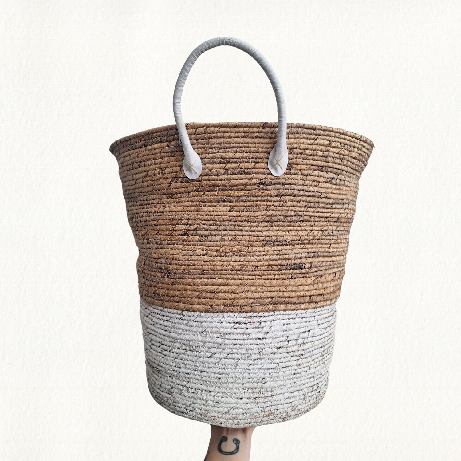 Woven Basket with White Leather Handle Small