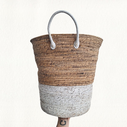 Woven Basket with White Leather Handle Small