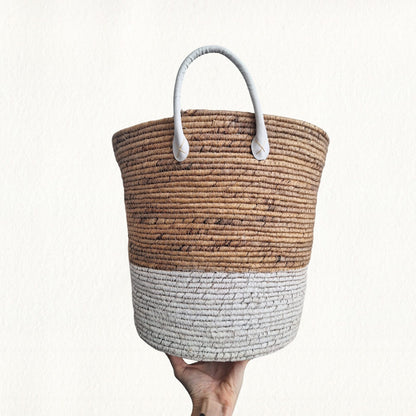 Woven Basket with White Leather Handle Small