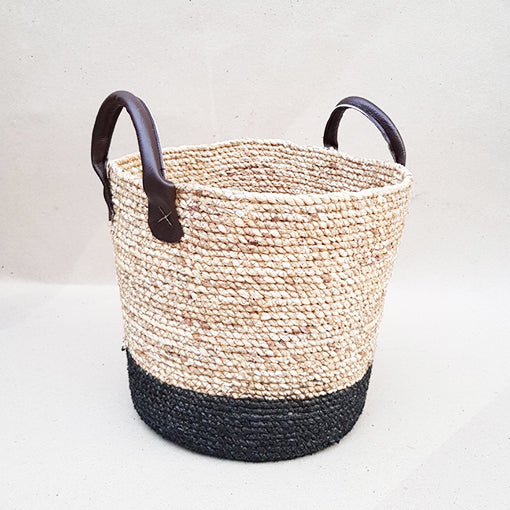 Woven Basket with Black Leather Handle Large