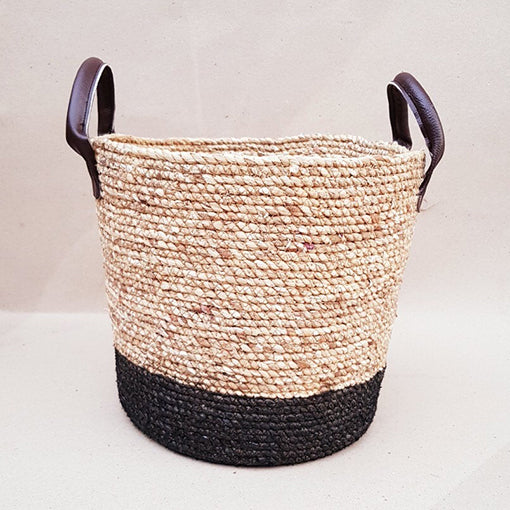 Water Hyacinth Baskets w/ Black Leather - Handle Black - Medium