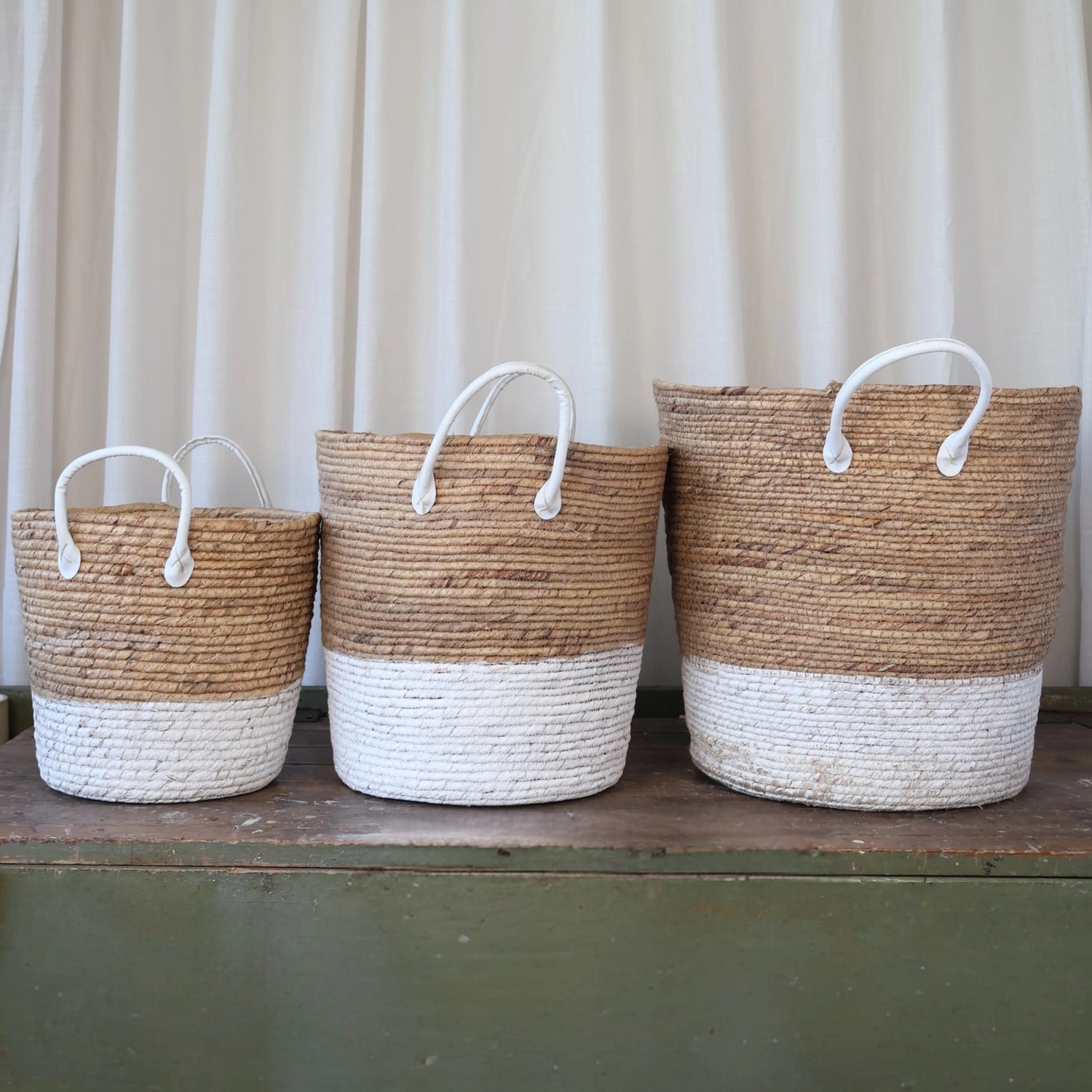 Woven Basket with White Leather Handle Small 270mm