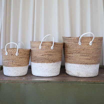 Woven Basket with White Leather Handle Small 270mm